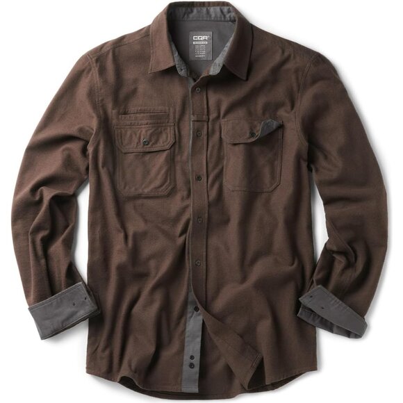 Mens Dark Brown Mood Cotton Flannel Shirt Long Sleeve Casual Outdoor Plaid - Picture 1 of 9